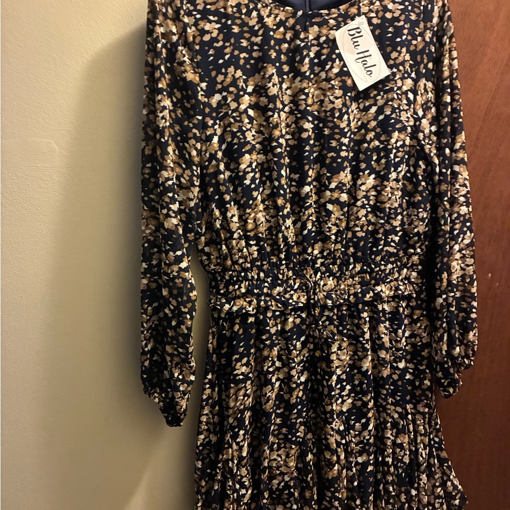 JODIFL Blue and Tan Fit and Flare Dress with Bishop Sleeves